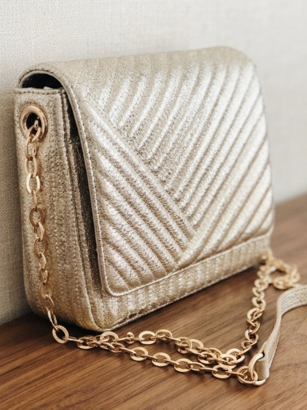 14th & Union Gold Metallic Quilted Leather Crossbody Clutch Bag Chain NWOT